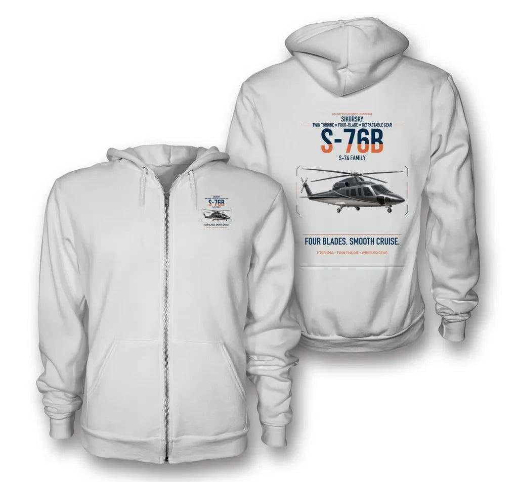 Sikorsky S-76B design on white premium zipped hoodie, double-side print