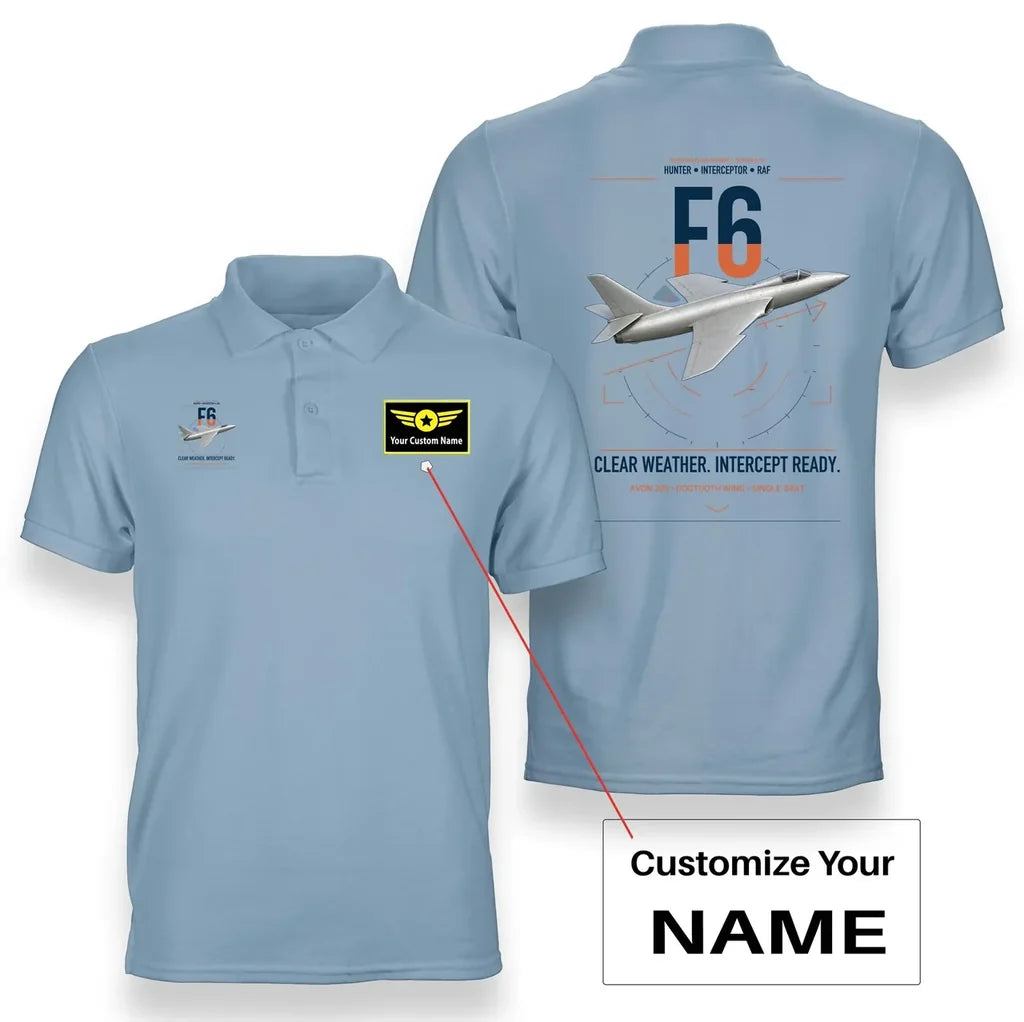 Hawker Hunter F6 design on light blue+name double-side polo t-shirt, double-side print