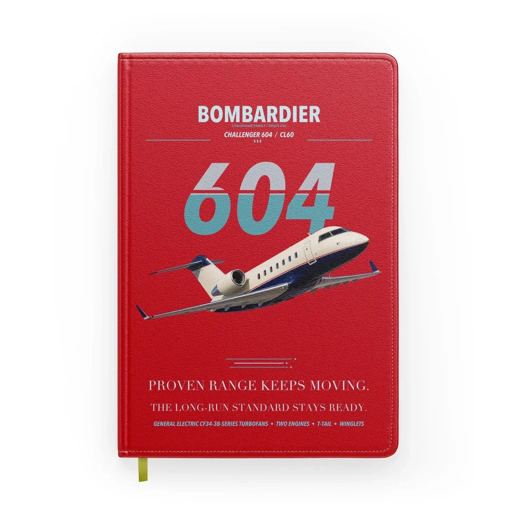 Bombardier Challenger 604 design on red notebook