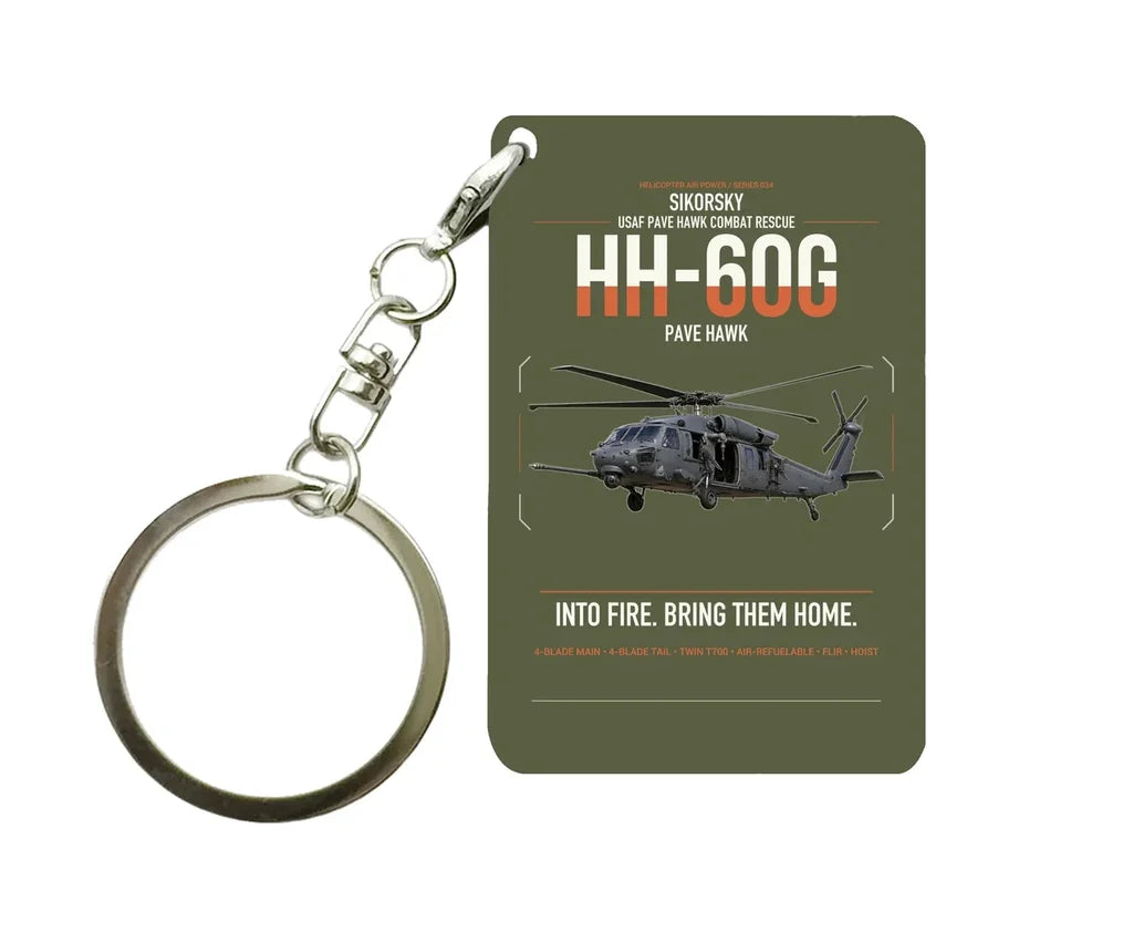 Sikorsky HH-60G Pave Hawk design on green army designed key chain, double-side print