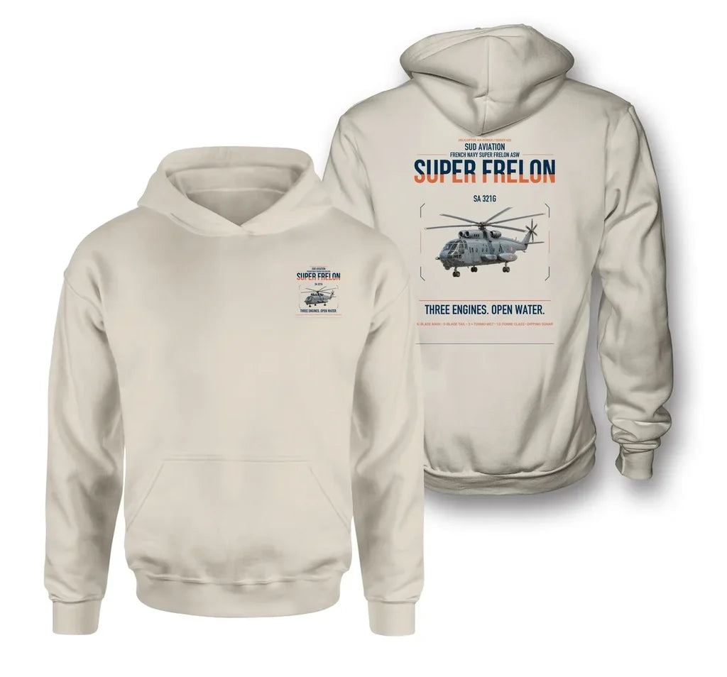 Sud Aviation SA 321G Super Frelon design on khaki double-side hoodie, double-side print