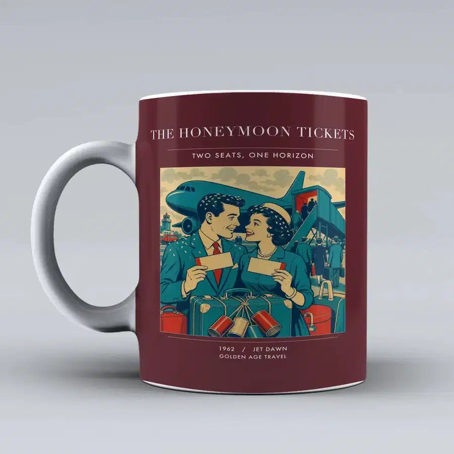 VINTAGE G4227 - The Honeymoon Tickets - Ceramic Mug design on darkred