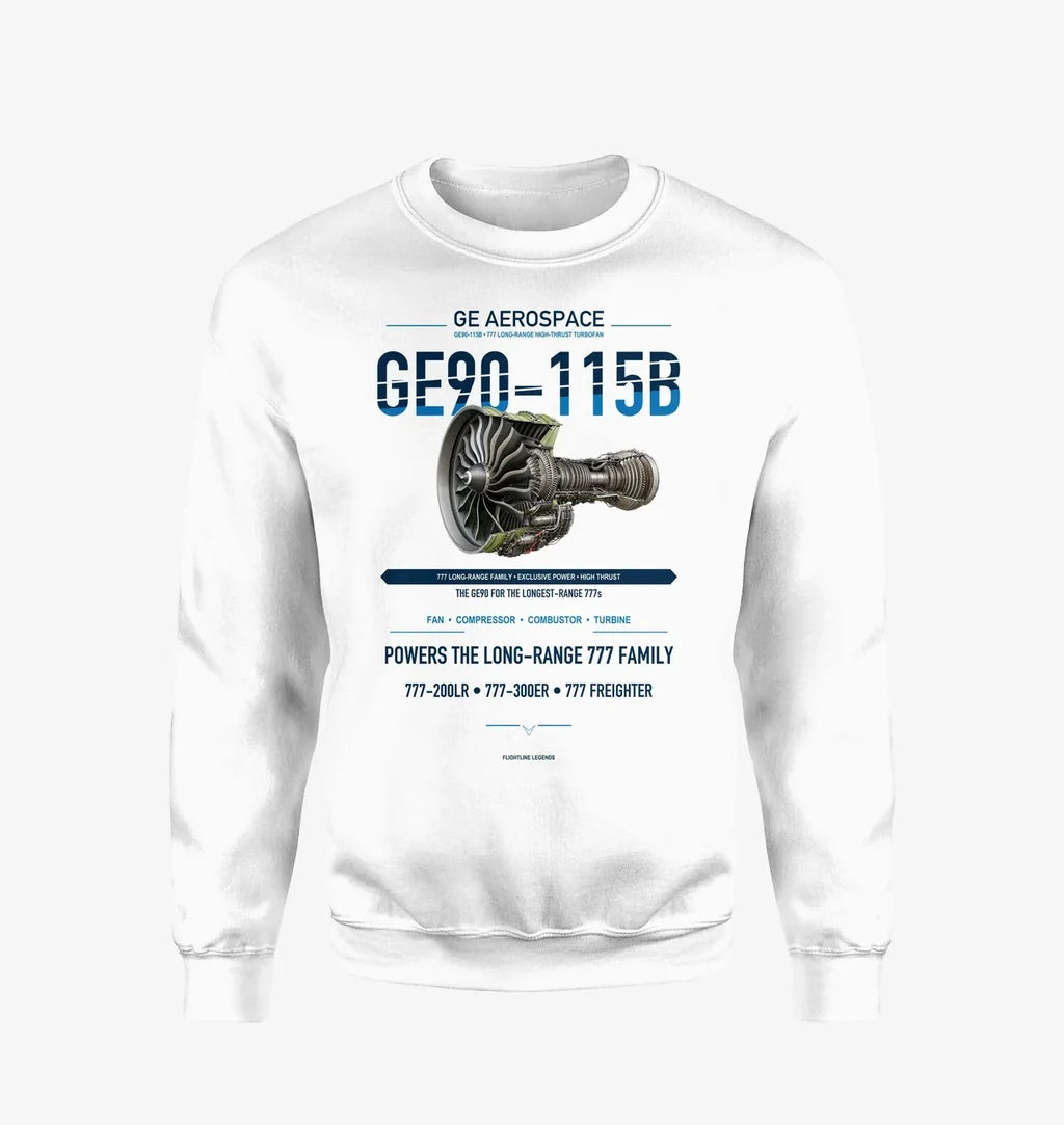 GE90-115B design on white sweatshirt