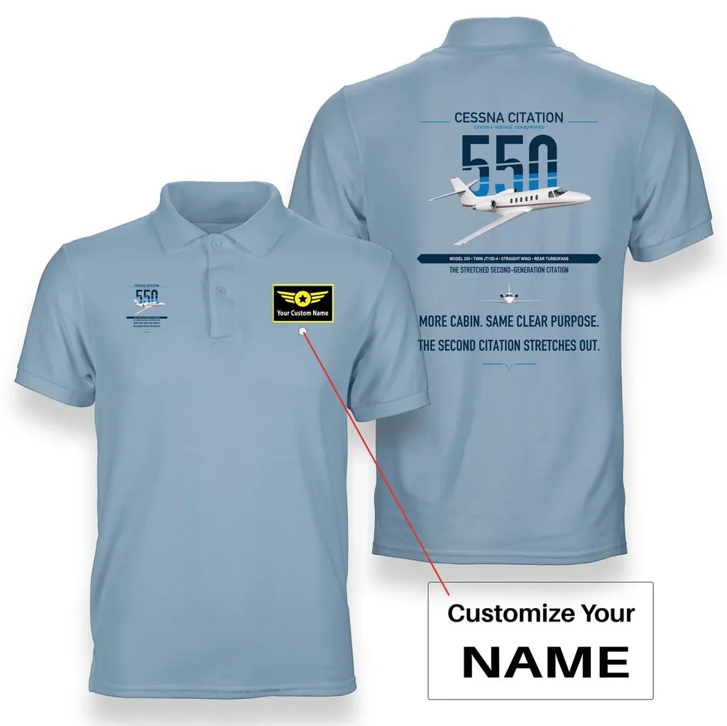 Cessna Citation 550 - Citation II design on light blue+name double-side polo t-shirt, double-side print