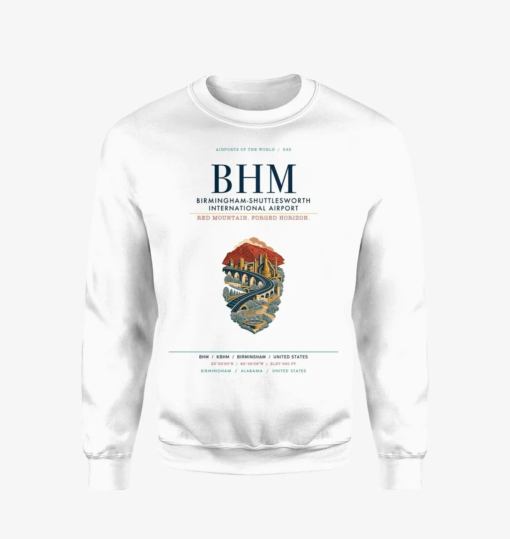Birmingham-Shuttlesworth International Airport (BHM) design on white sweatshirt