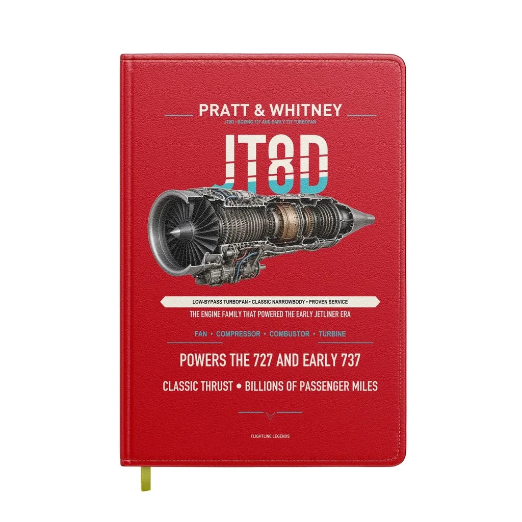 JT8D design on red notebook