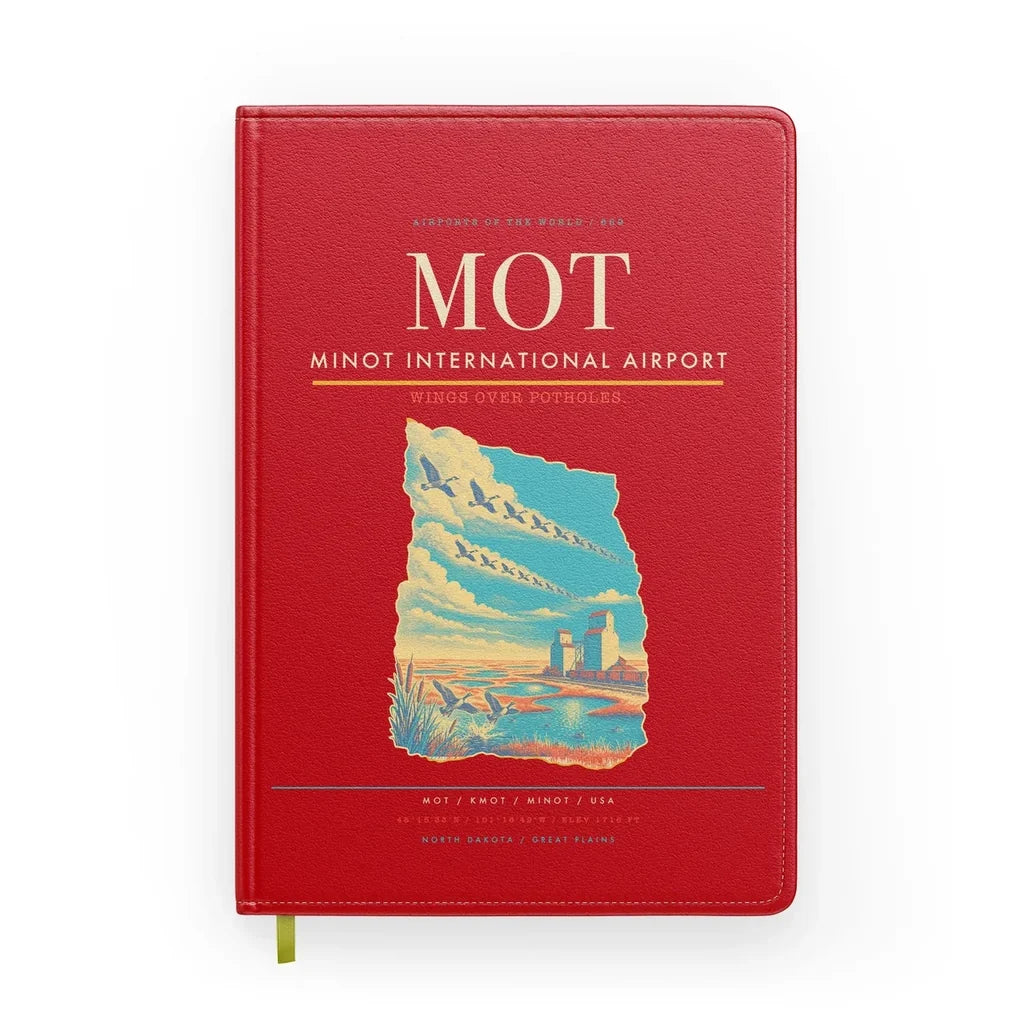 Minot International Airport (MOT) design on red notebook