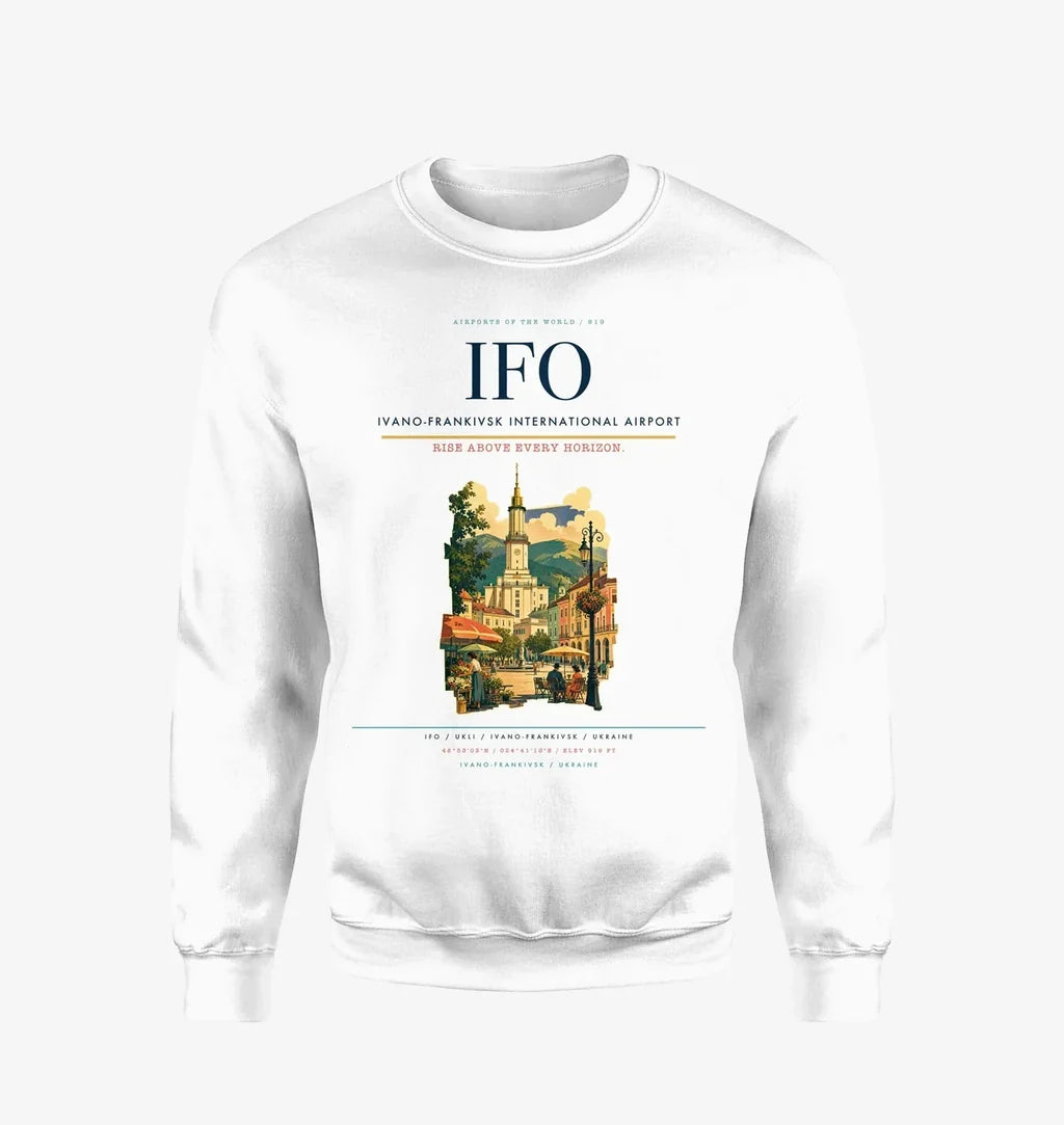 Ivano-Frankivsk International Airport (IFO) design on white sweatshirt