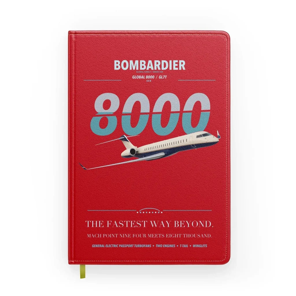 Bombardier Global 8000 design on red notebook