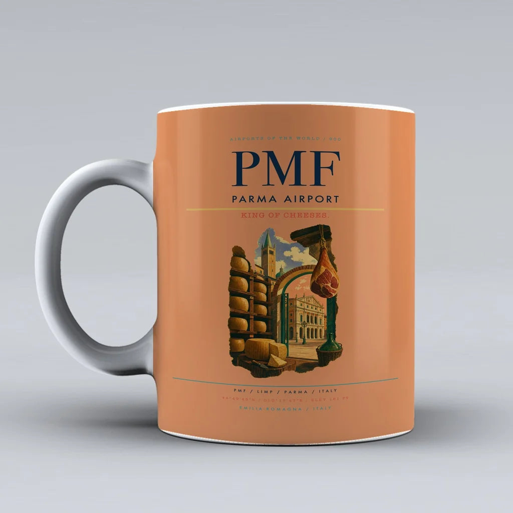 Parma Airport (PMF) airport code design on orange ceramic mug