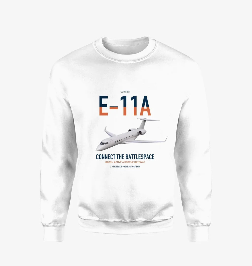 E-11A BACN design on white sweatshirt