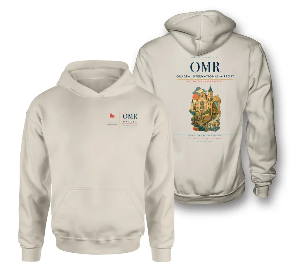 Oradea International Airport (OMR) design on khaki double-side hoodie