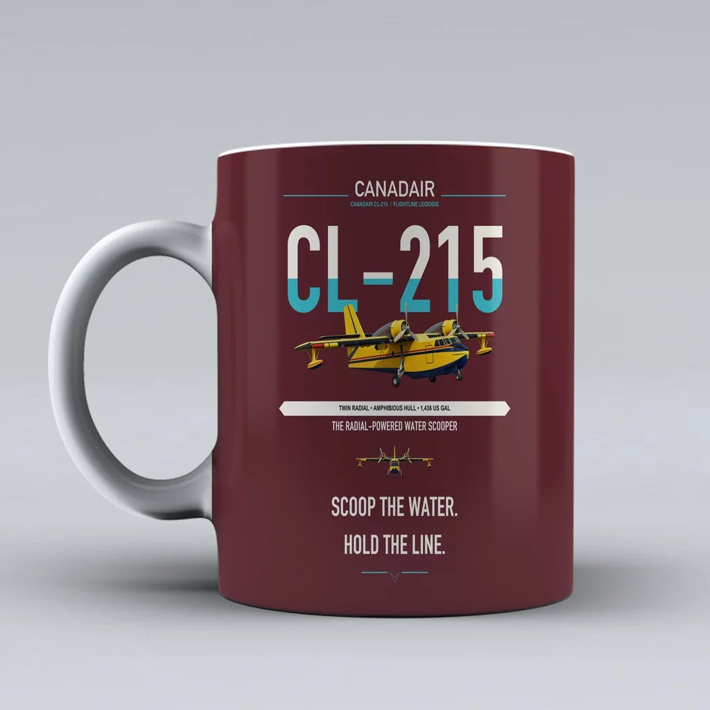 Canadair CL-215 design on dark red ceramic mug, double-side print
