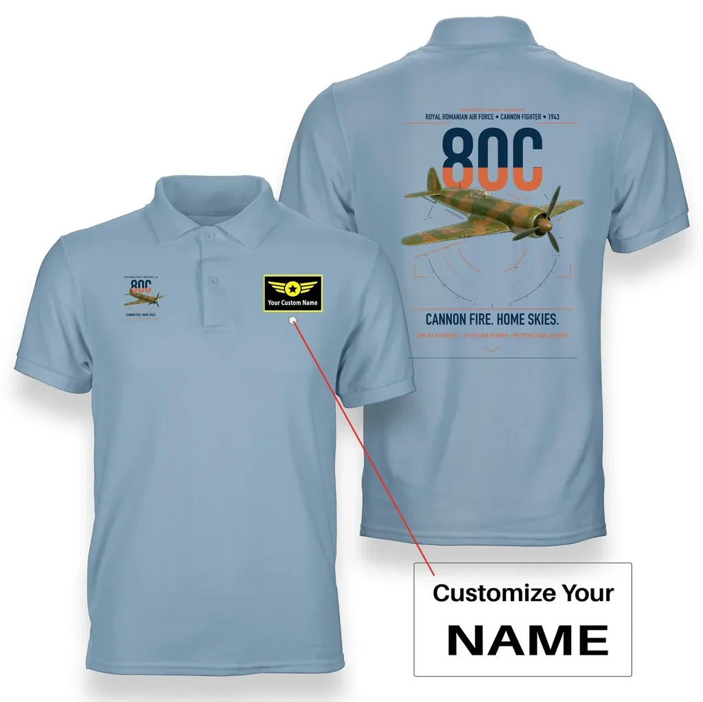 IAR 80C design on light blue+name double-side polo t-shirt, double-side print
