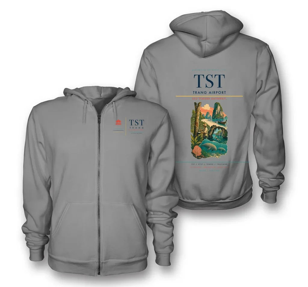 Trang Airport (TST) design on gray premium zipped hoodie