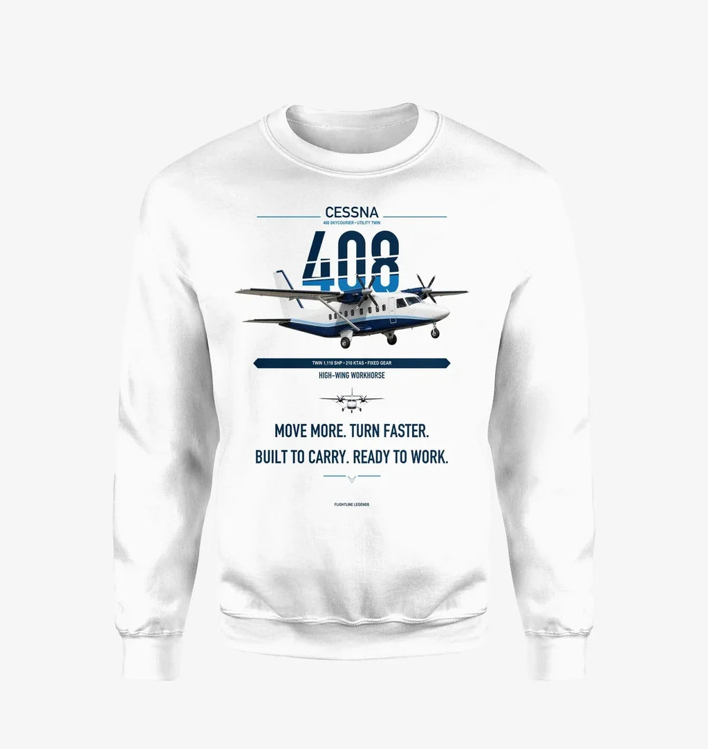 Cessna 408 SkyCourier design on white sweatshirt