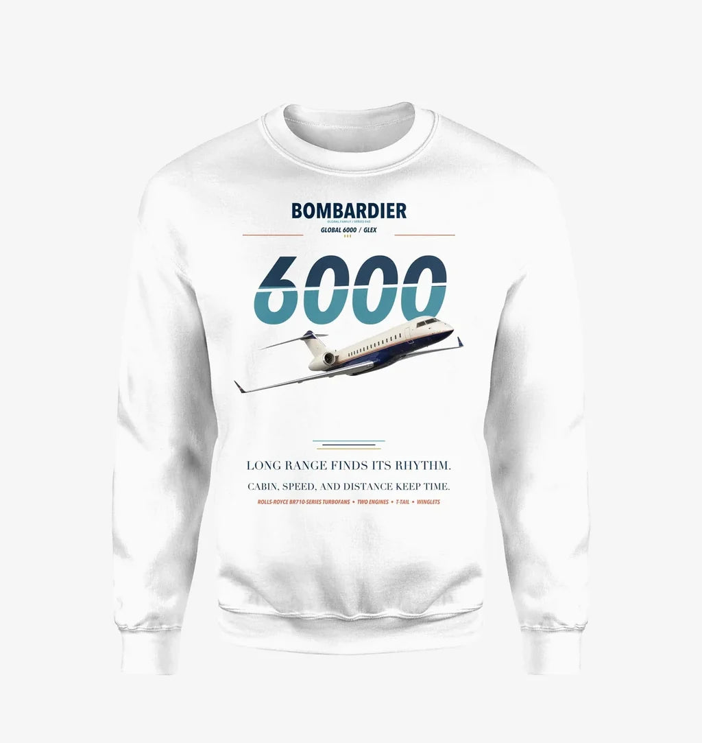 Bombardier Global 6000 design on white sweatshirt