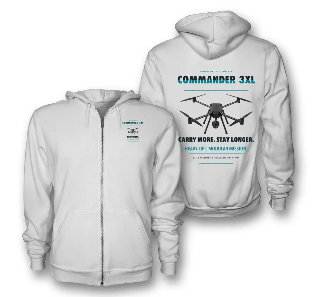 Draganfly Commander 3XL design on white zipped hoodie