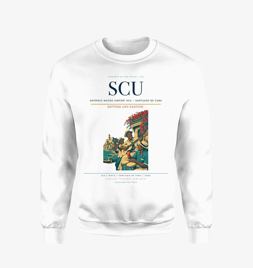 Antonio Maceo Airport (SCU) design on white sweatshirt