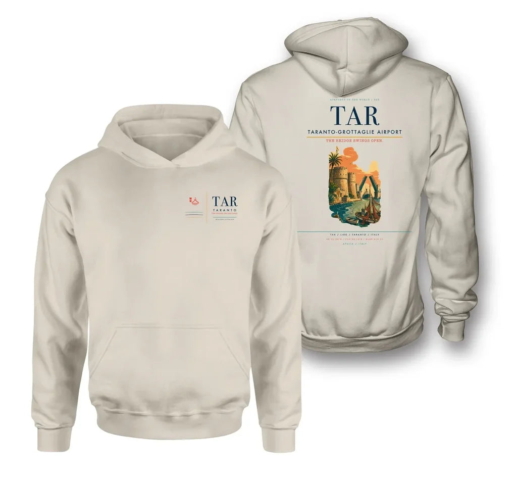 Taranto-Grottaglie Airport (TAR) design on khaki double-side hoodie