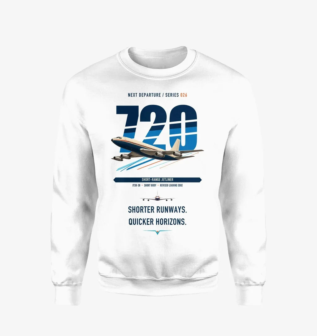 Boeing 720B design on white sweatshirt