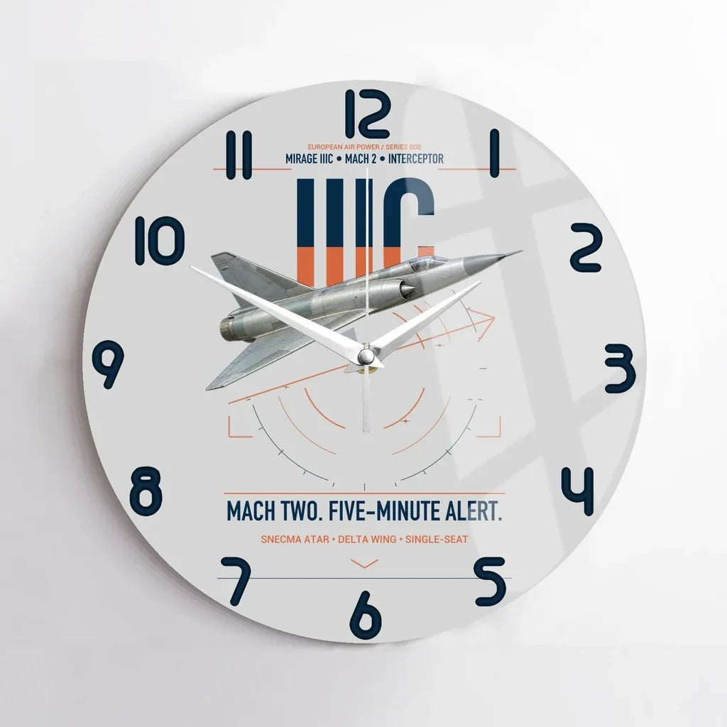 Dassault Mirage IIIC design on light gray no frame wall clock