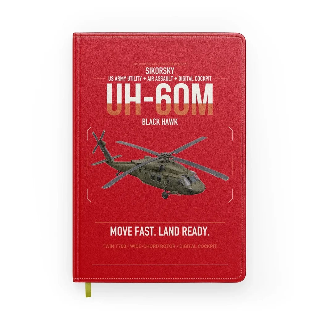 Sikorsky UH-60M Black Hawk design on red notebook