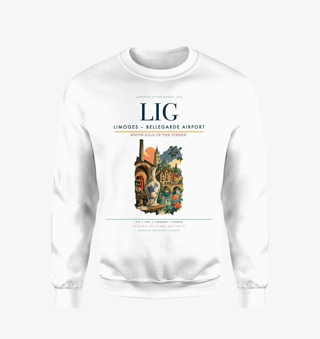 Limoges – Bellegarde Airport (LIG) design on white sweatshirt