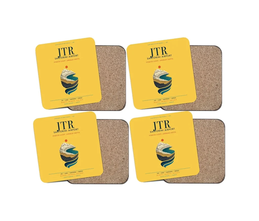 Santorini Airport (JTR) design on yellow 4 pieces set coaster