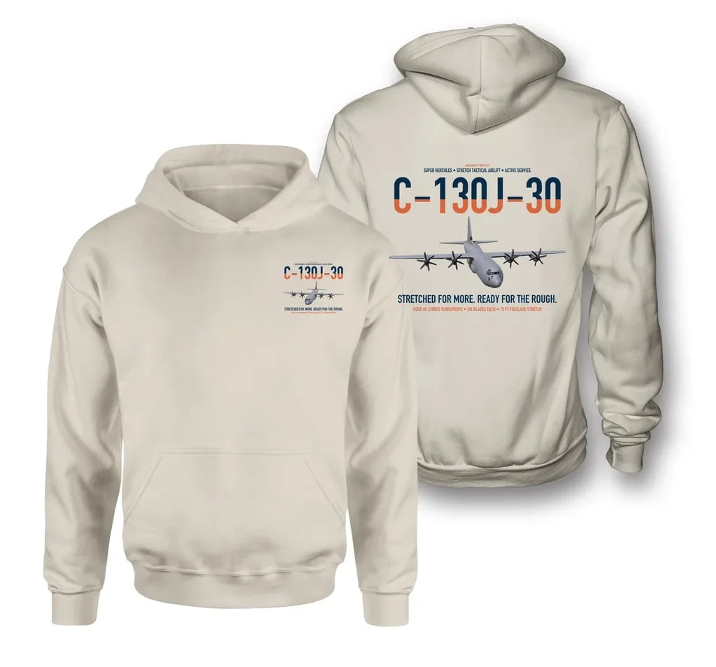 C-130J-30 Super Hercules design on khaki double-side hoodie, double-side print