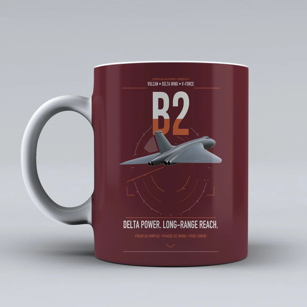 Avro Vulcan B2 design on dark red ceramic mug, double-side print