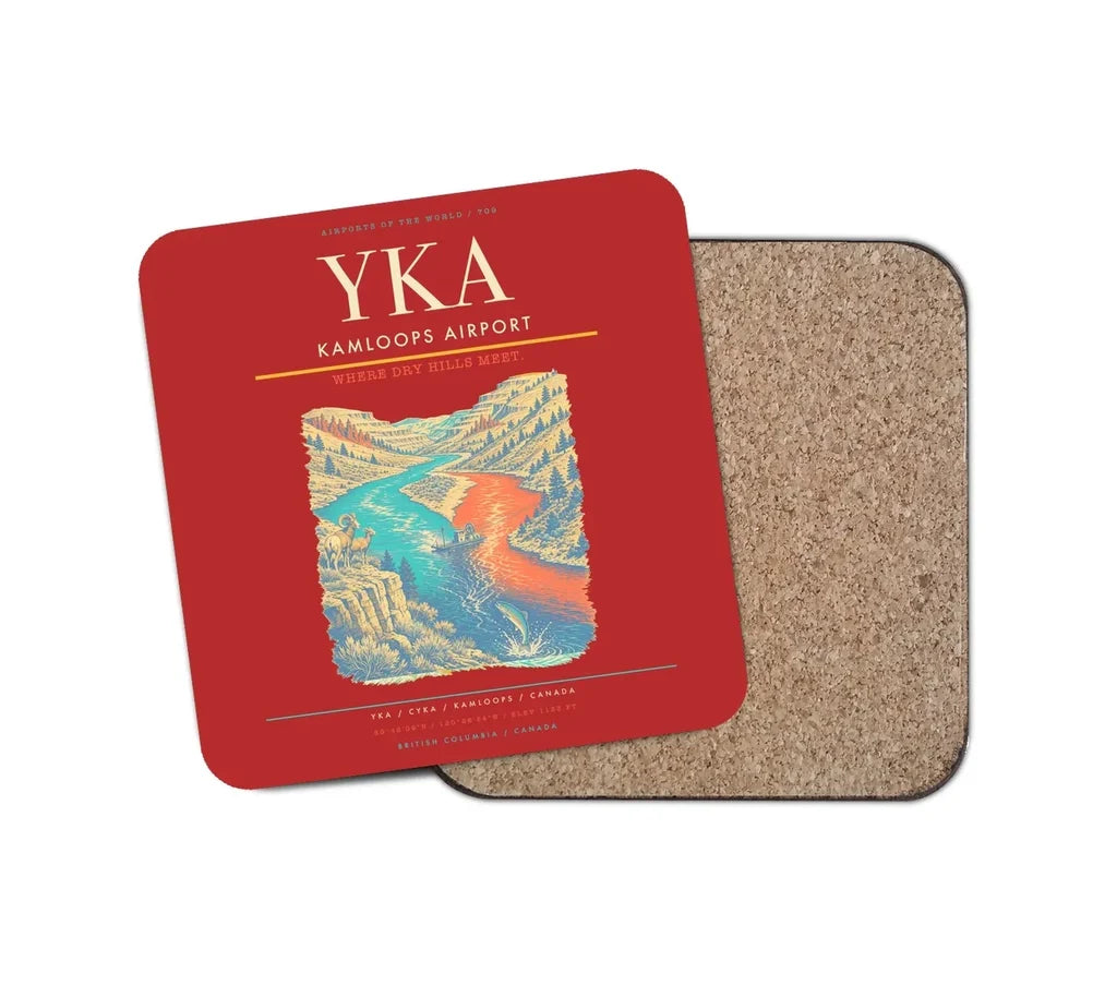 Kamloops Airport (YKA) design on red 1 piece coaster