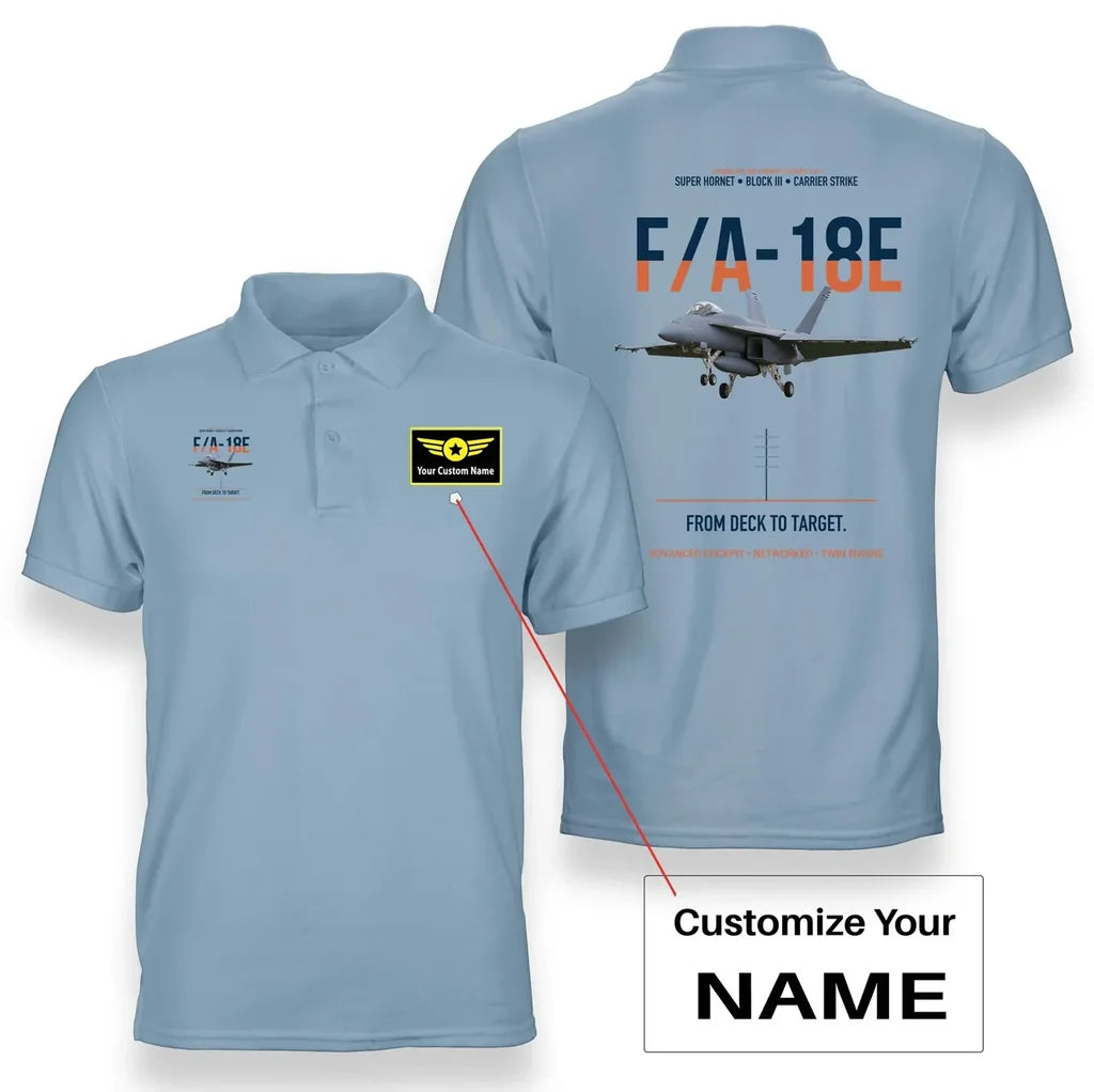 F-A-18E SUPER HORNET design on light blue polo with custom name badge
