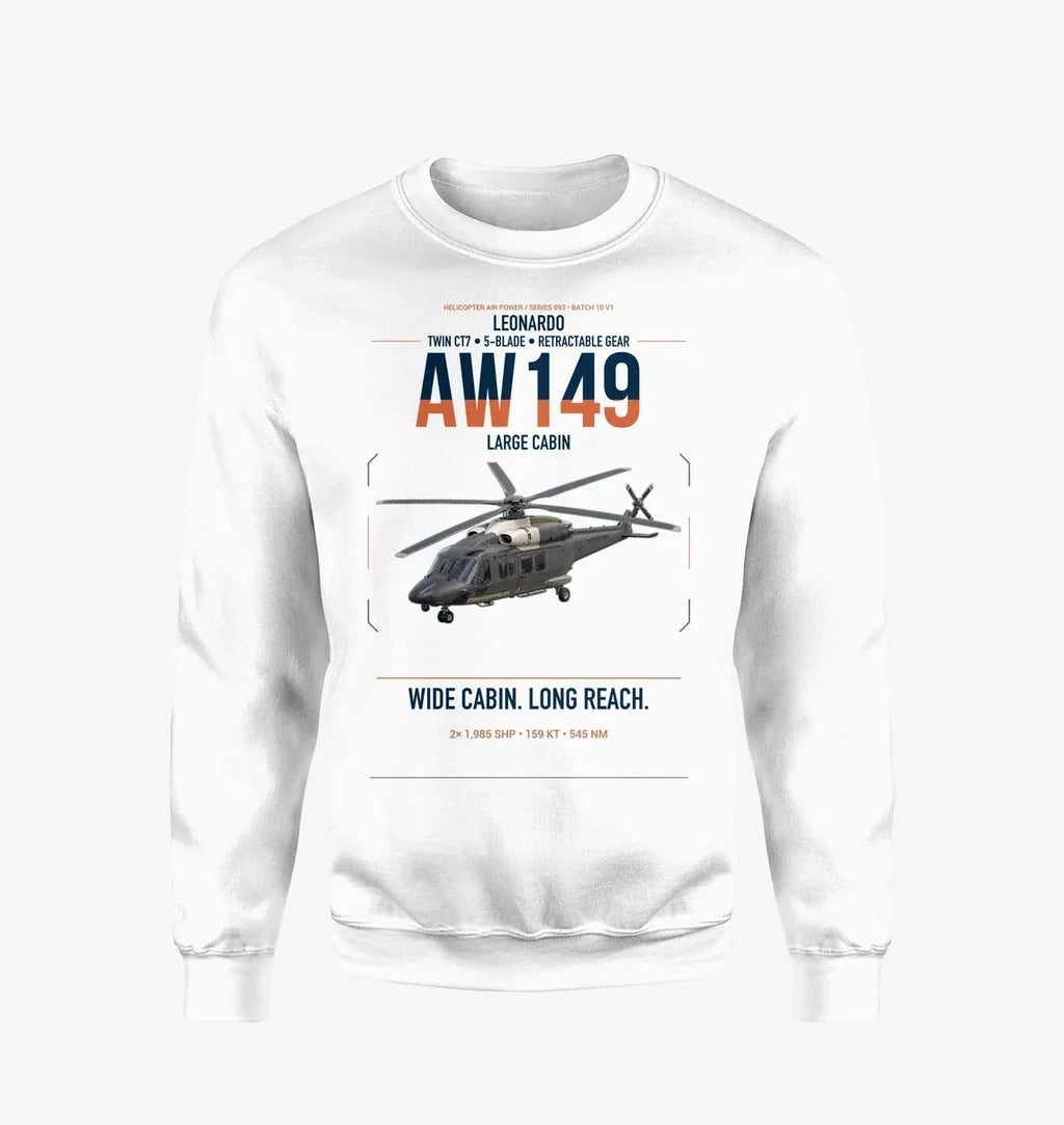 Leonardo AW149 design on white sweatshirt