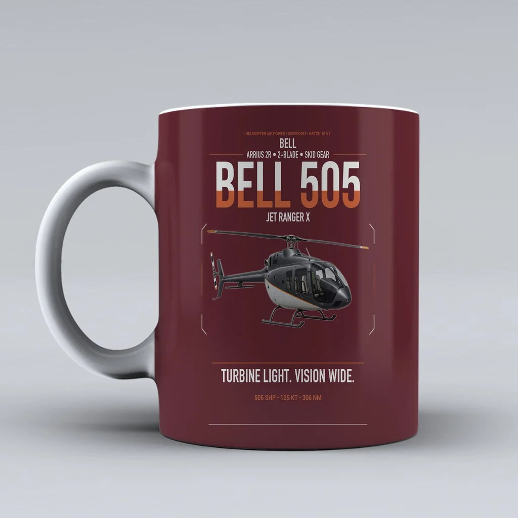 Bell 505 Jet Ranger X design on dark red ceramic mug, double-side print