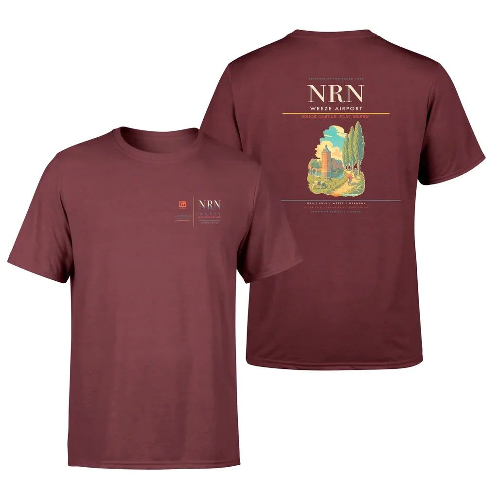 Weeze Airport (NRN) design printed on dark red double-side t-shirt