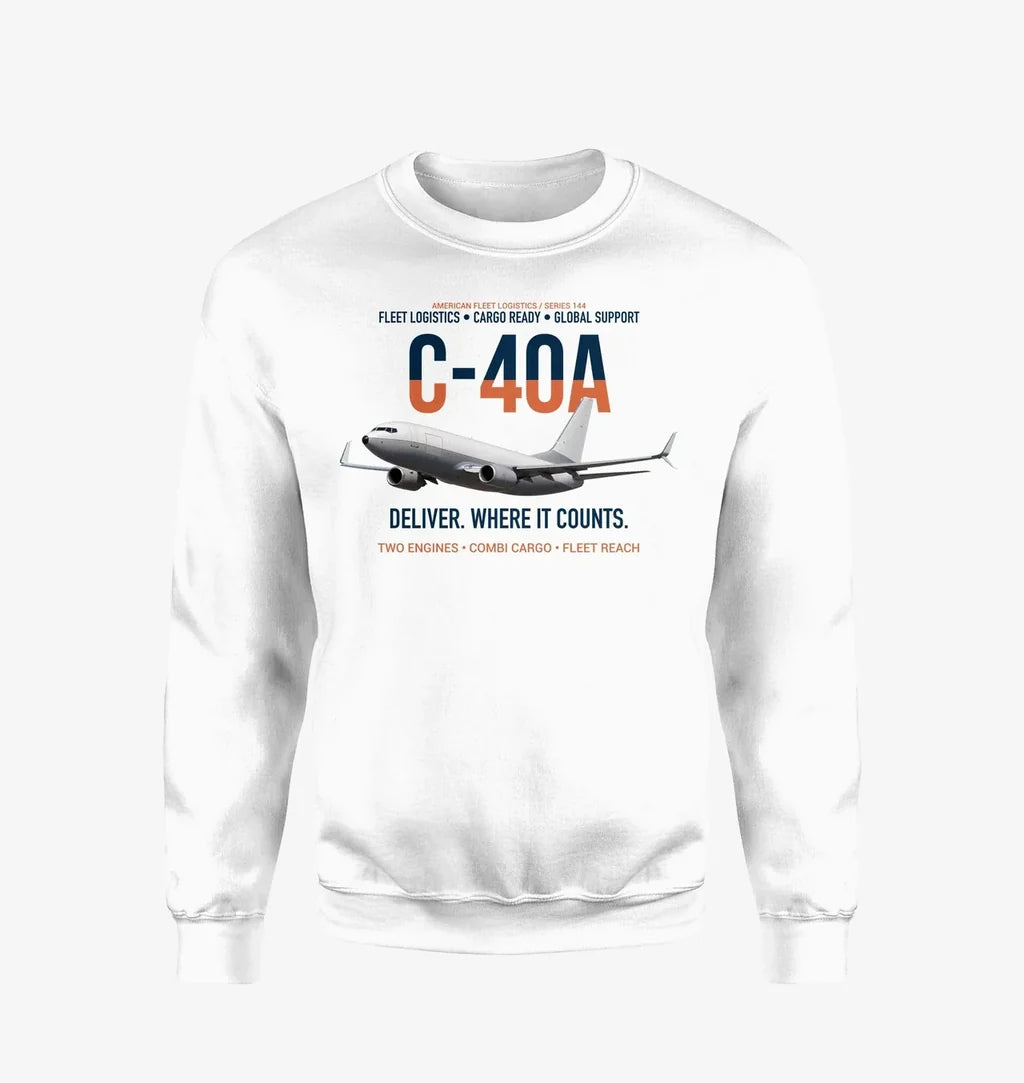 C-40A Clipper Fleet Logistics Ready design on white sweatshirt
