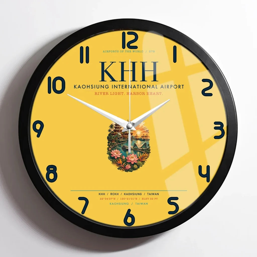 Kaohsiung International Airport (KHH) design on yellow framed wall clock
