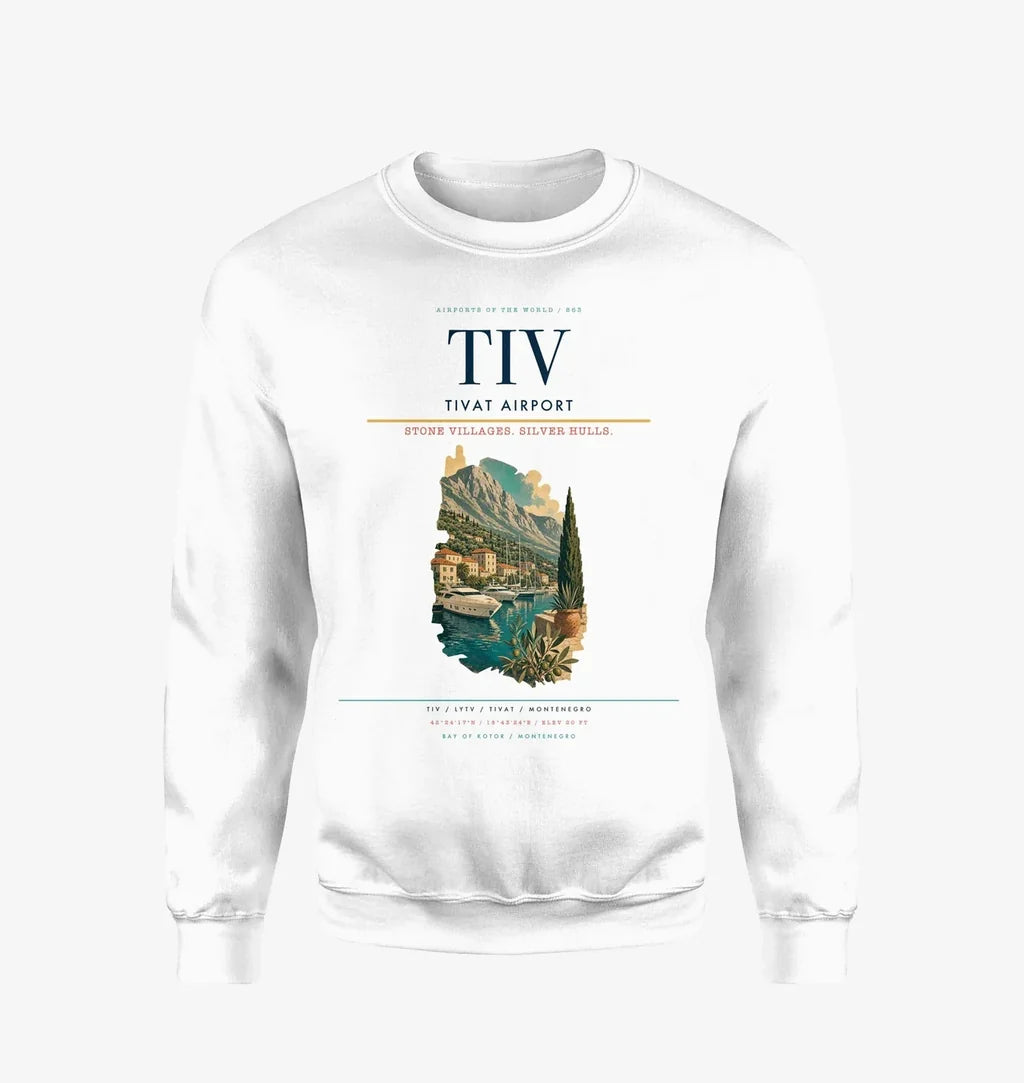 Tivat Airport (TIV) design on white sweatshirt