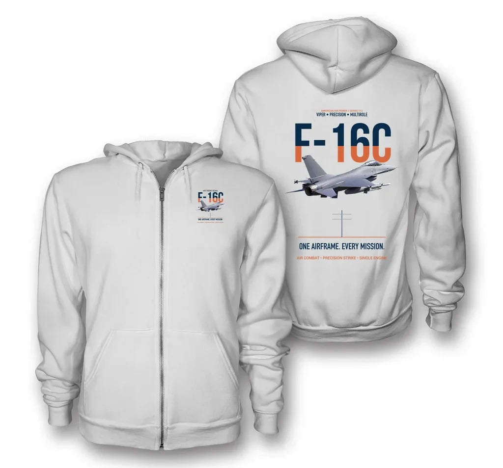 F-16C FIGHTING FALCON design on white zipped hoodie