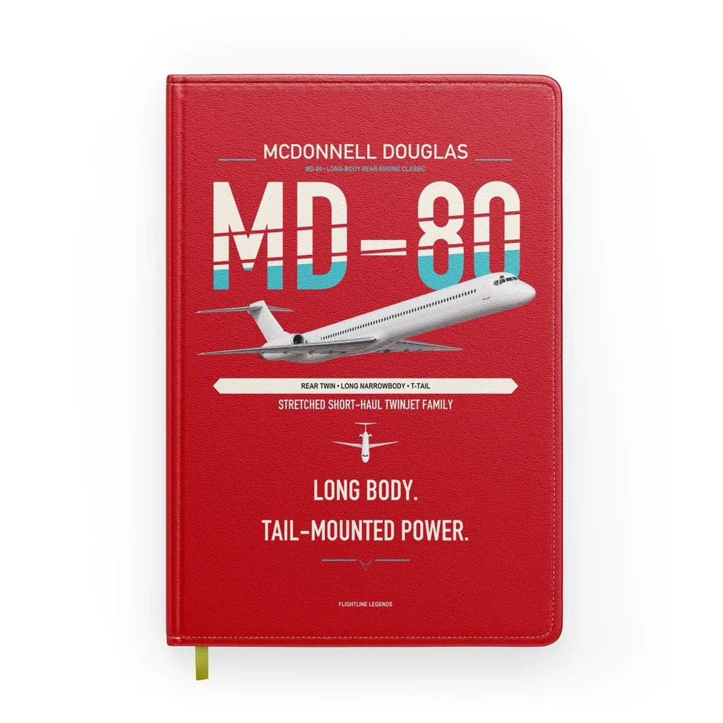 McDonnell Douglas MD-80 design on red notebook