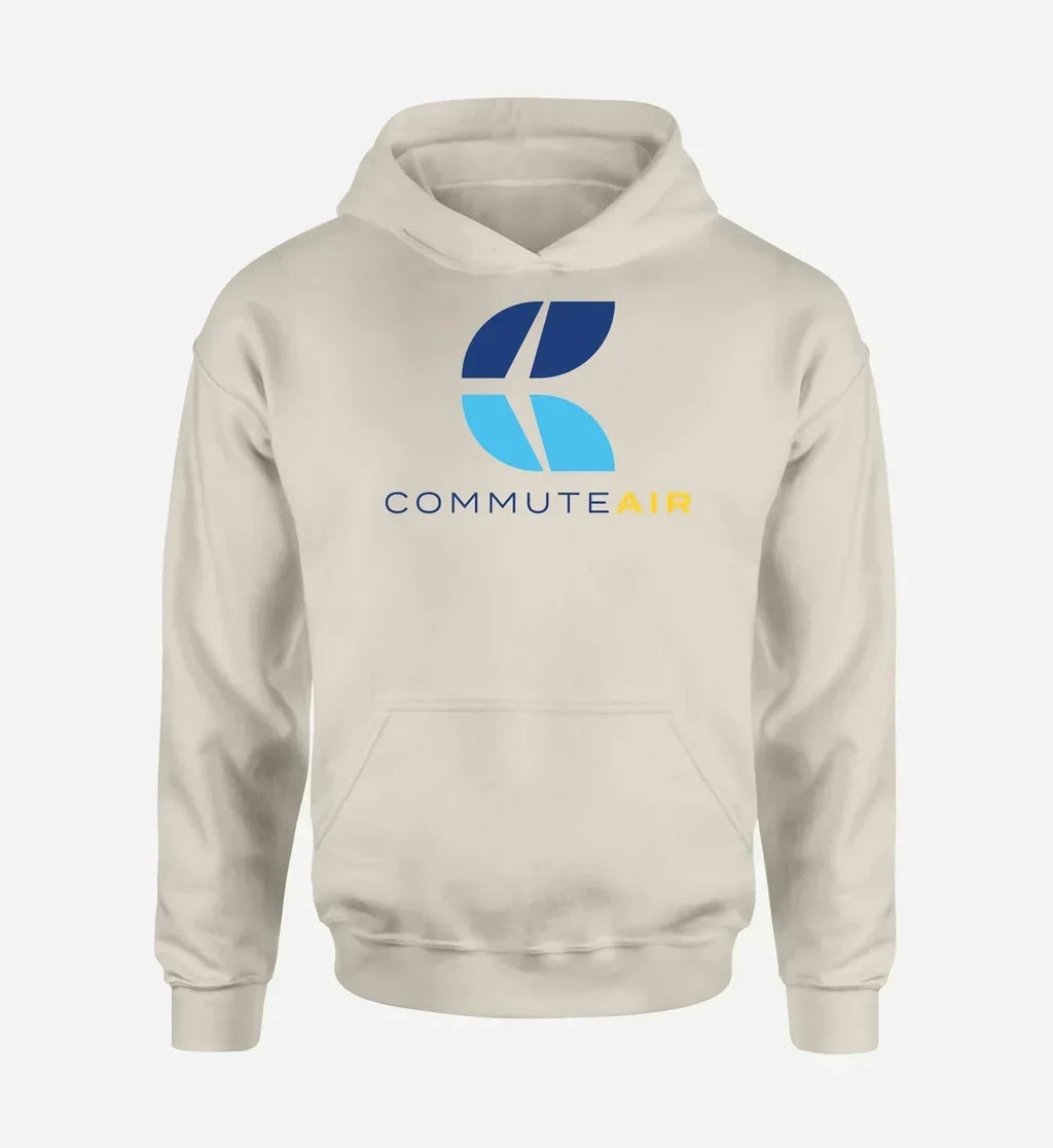 CommuteAir logo printed on khaki hoodie