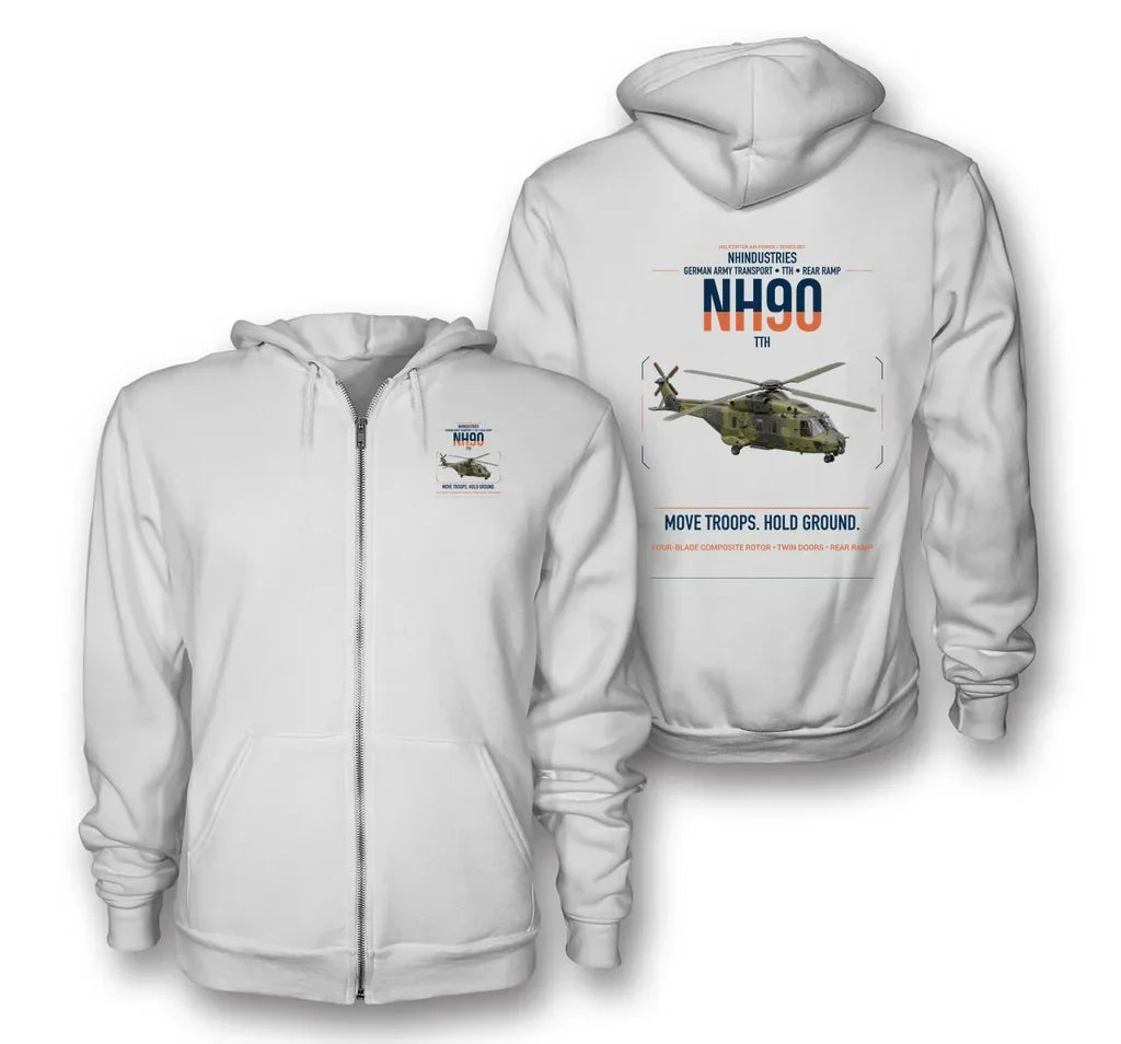 NHIndustries NH90 TTH design on white premium zipped hoodie, double-side print