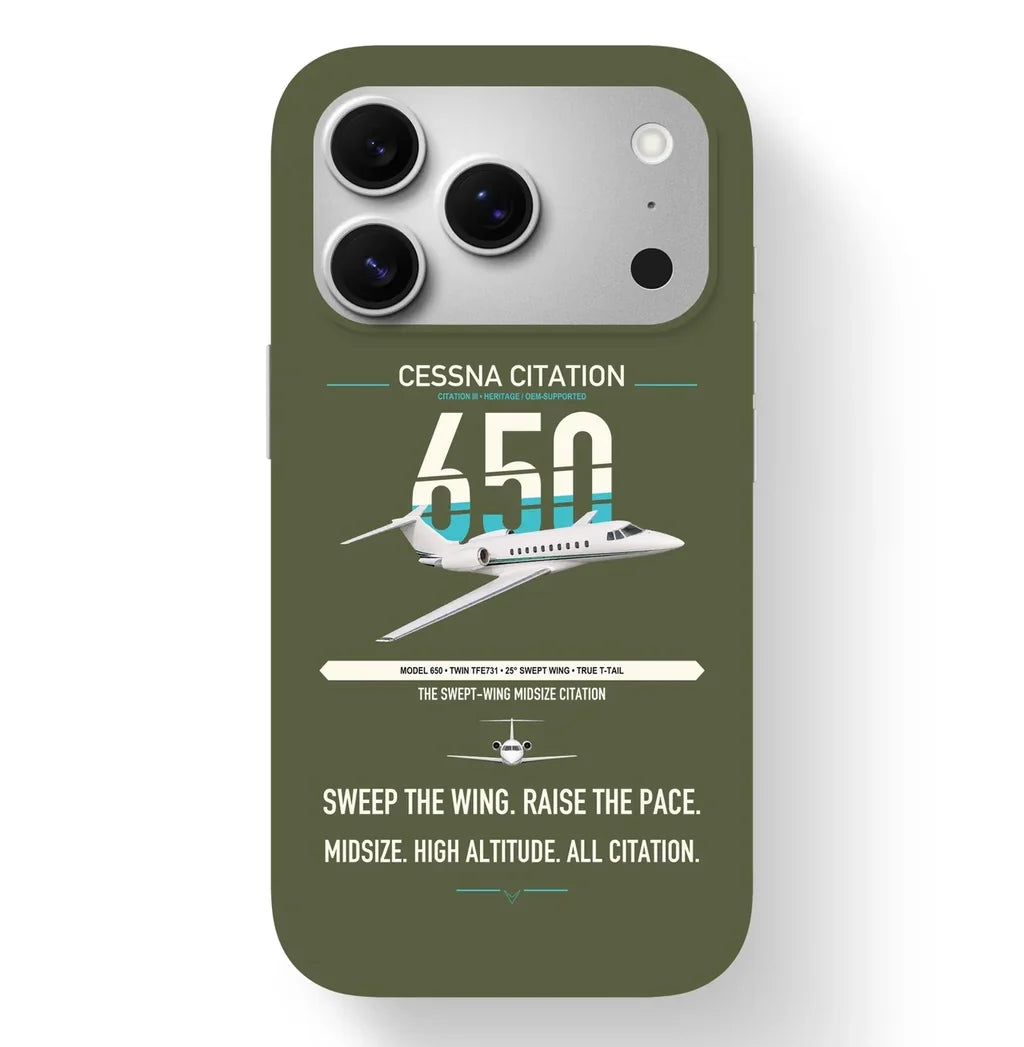 Cessna Citation 650 - Citation III design on green army magsafe iphone case, for iPhone 17 Pro