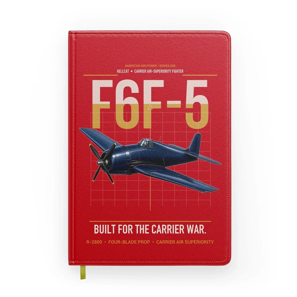 F6F-5 Hellcat design on red notebook