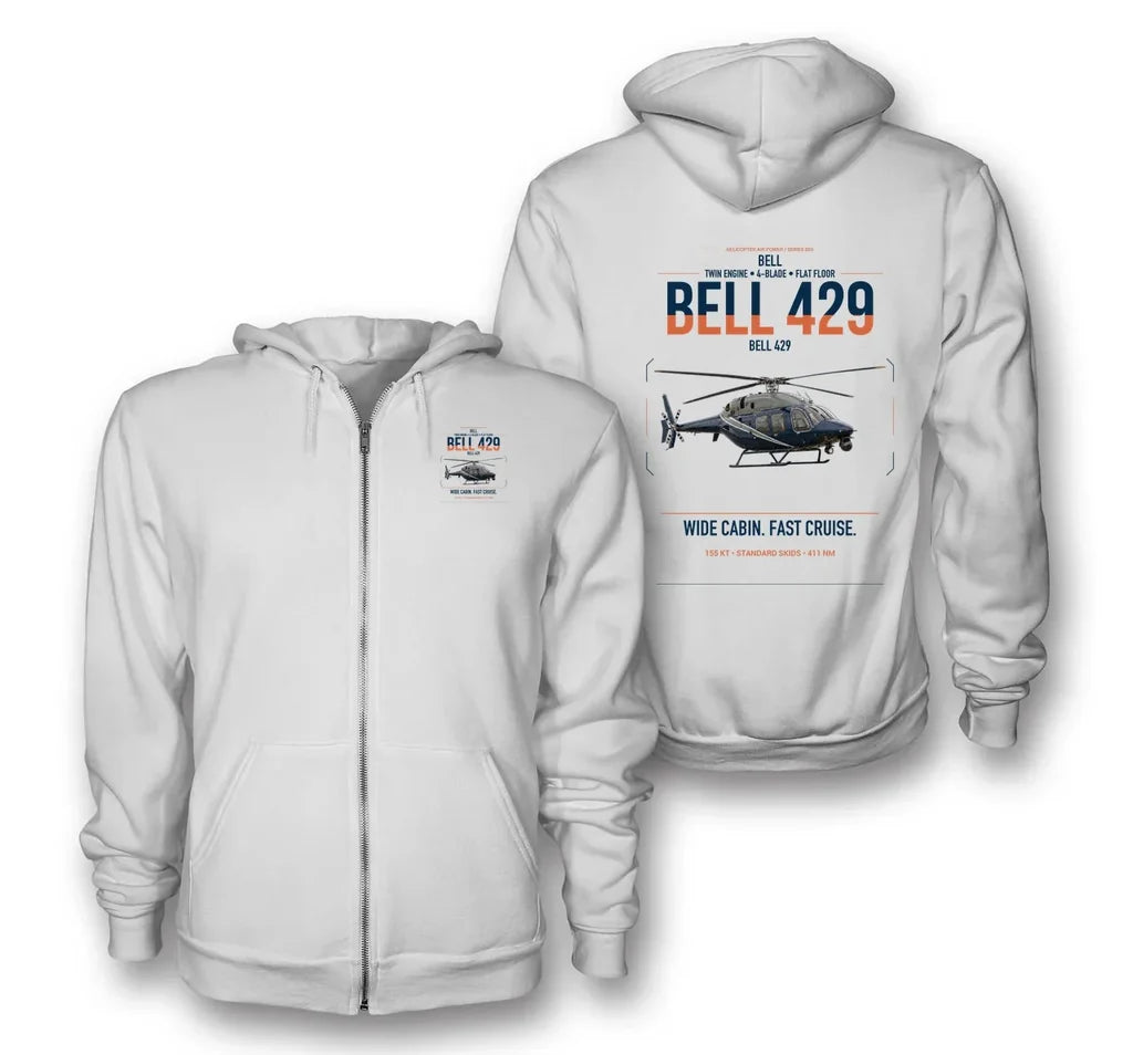 Bell 429 design on white premium zipped hoodie, double-side print