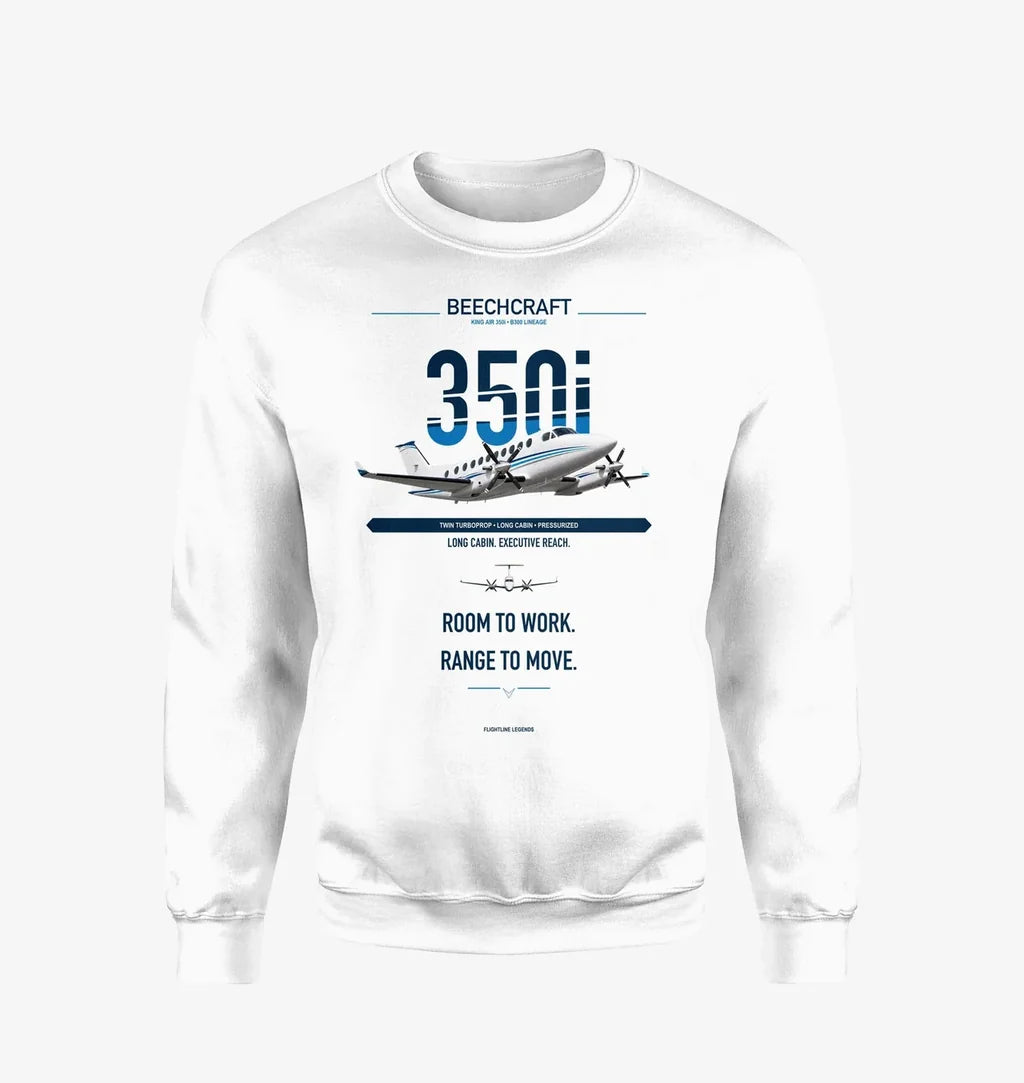 Beechcraft King Air 350i design on white sweatshirt