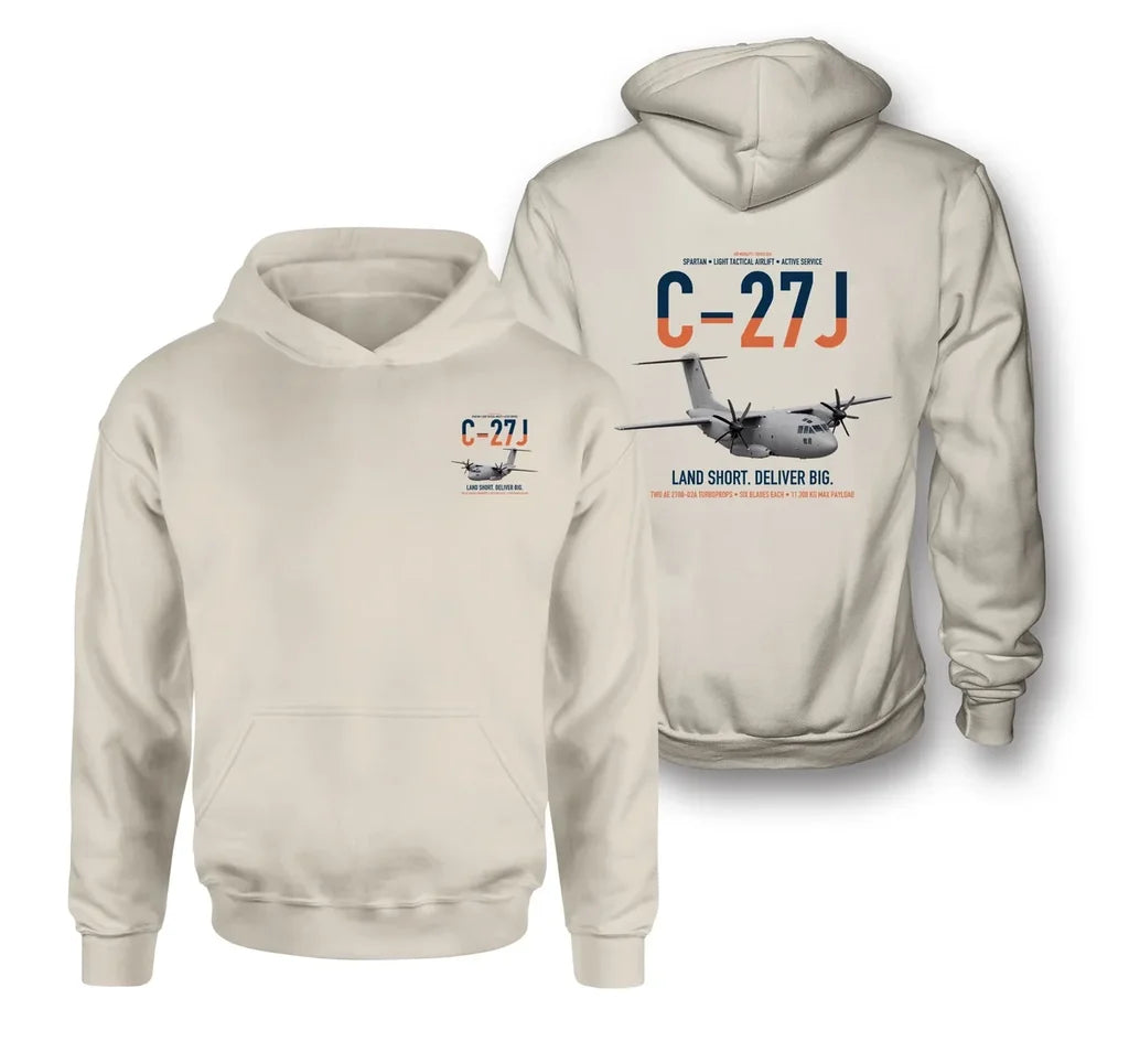 C-27J Spartan design on khaki double-side hoodie, double-side print