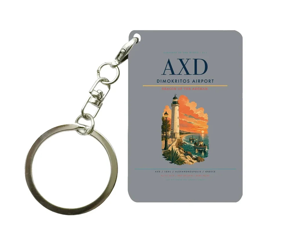 Dimokritos Airport (AXD) design on gray key chain
