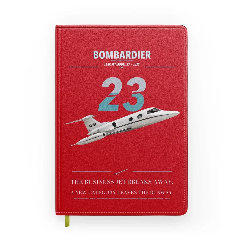 Bombardier Learjet 23 design on red notebook